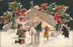 A Merry Christmas and A Happy New Year -Children and Snowman Postcard