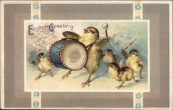 Easter Greetings - Chick Playing Drum With Chicks Postcard Postcard