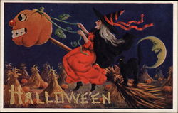 Halloween - Witch and Pumpkins Postcard Postcard