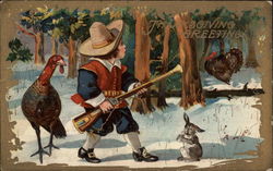 Thanksgiving Greetings - Boy with Gun and Turkeys Postcard