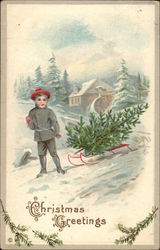 Christmas Greetings - Boy with Sled and Christmas Tree Children Postcard Postcard