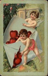 Two Cupids Delivering Envelope Filled With Hearts Postcard