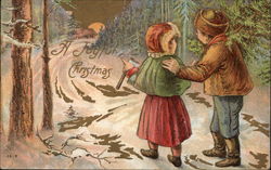 Two Children Walking into the Woods with an Axe Postcard