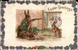 Easter Greetings - Rabbits using Eggs for Target Practice Postcard