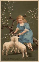 Girl Sitting on Branch with Two Lambs Postcard