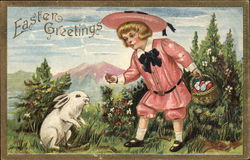 Child Dressed in Pink Finery with Easter Basket and White Rabbit Postcard