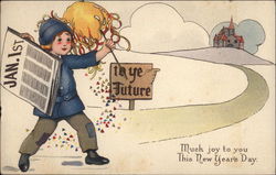 Much Joy to You This New Year's Day - Boy with Newspaper Postcard