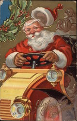 Glad Christmas Greetings - Santa Claus Driving a Car Postcard Postcard