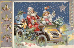 A Merry Christmas - Santa and Child in a Vintage Car Postcard