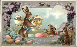 Easter Greetings - Rabbits with Eggs and Chicks Postcard