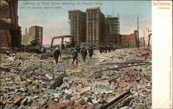 Looking up Post Street showing St. Francis Hotel Postcard