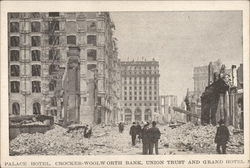 Palace Hotel, Crocker-Woolworth Bank, Union Trust and Grand Hotel Postcard