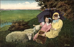 Two Children Relaxing in a Field with Sheep Postcard Postcard