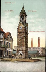 N.Y.C. and H.R.R. Depot, Town Clock and Corning Glass Works Postcard