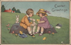 Easter Greetings - Children with Rabbits Postcard