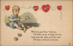 Valentine - Boy with Building Blocks and Hearts Postcard