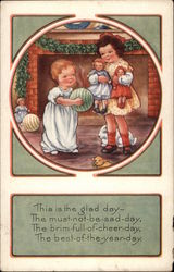 Two Children in Front of Fireplace Postcard Postcard