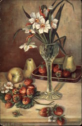 Vase of Flowers with Strawberries and Pears Still Life Postcard Postcard