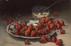 Strawberries on a blue pattern plate with sugar bowl Still Life Postcard Postcard