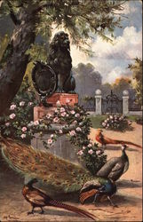 Exotic Birds in a Garden with Lion Statue Lions Postcard Postcard