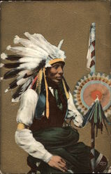 Native American with Large Headdress and Full Costume Native Americana Postcard Postcard