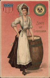 Girl with Barrel of Sugar - State of Louisiana Postcard