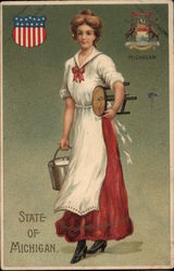 Girl with Milking Stool and Pail - State of Michigan Postcard