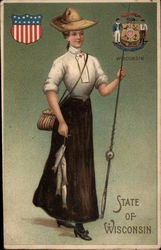 Girl with Fish and Fishing Pole - State of Wisconsin State Girls Postcard Postcard