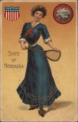 Girl with Tennis Racquet - State of Nebraska Postcard