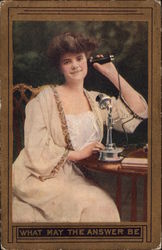 Woman Holding Old-Style Telephone Postcard