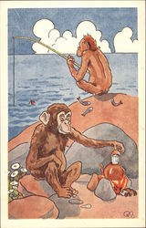 Two Monkeys Fishing for Supper Postcard