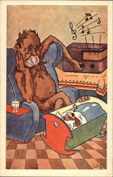 Monkey Rocking Baby Cradle Postcard