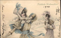 Two Girls in Bonnets Having a Snowball FIght Postcard