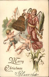 Angel and Two Cherubs Ring a Christmas Bell Postcard