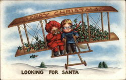 Merry Christmas - Looking for Santa - Children with Bi-plane Postcard Postcard