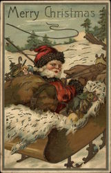 Merry Christmas - Santa Claus and Sleigh Postcard Postcard