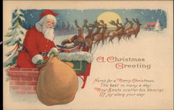 A Christmas Greeting - Santa Claus, Chimney and Sleigh Postcard Postcard