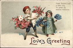 Love's Greeting - Boy and Girl with Flowers Children Postcard Postcard