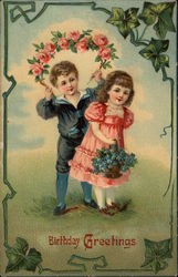 Birthday Greetings - Boy and Girl with Flowers Postcard Postcard