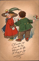 Boy Giving Girl Love Letter and Flowers Postcard