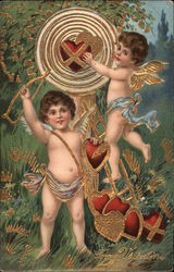 Two Cupids with Valentine Paraphenalia Postcard Postcard