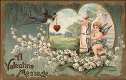 Cupid Aims Arrow at Heart Held by Bird Postcard