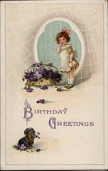 Child and Dog with Basket of Purple Flowers Postcard