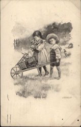 Moving Day: Children Transport Doll Furniture in a Wheelbarrow Postcard