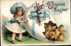 A Joyous Easter - Young Girl with Egg and Chicks With Children Postcard Postcard