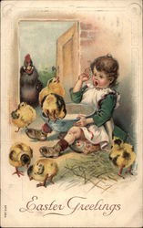 Easter Greetings - Young Girl feeding Chicks Postcard