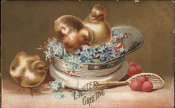 Three Chicks in Upturned Cap With Racquet and Balls Postcard