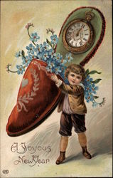 A Joyous New Year - Boy with Shoe and Clock Postcard