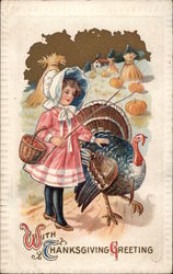 With Thanksgiving Greeting - Girl with Turkey Turkeys Postcard Postcard