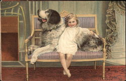 Young Girl and St. Bernard Saint Bernards Postcard Postcard